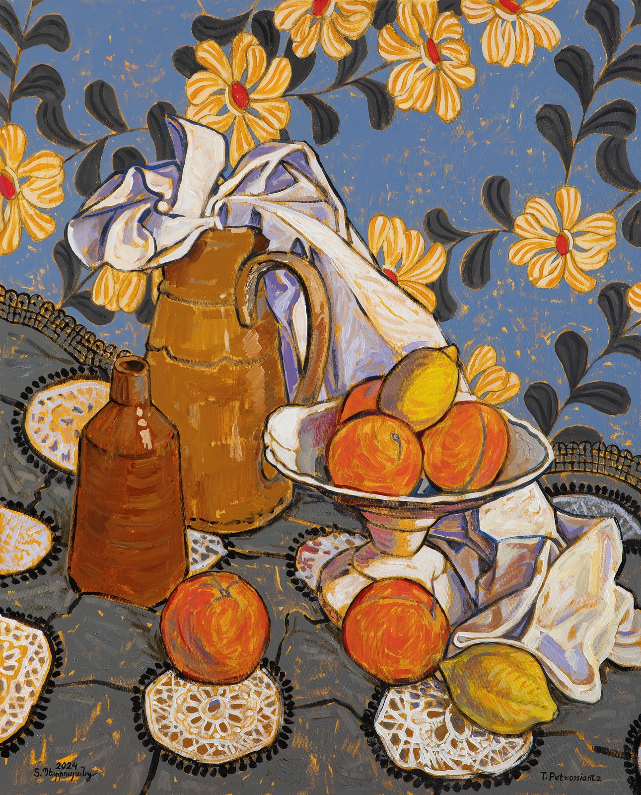 Still Life with a Floral Pattern on the Wall, acrylic on canvas, 2024